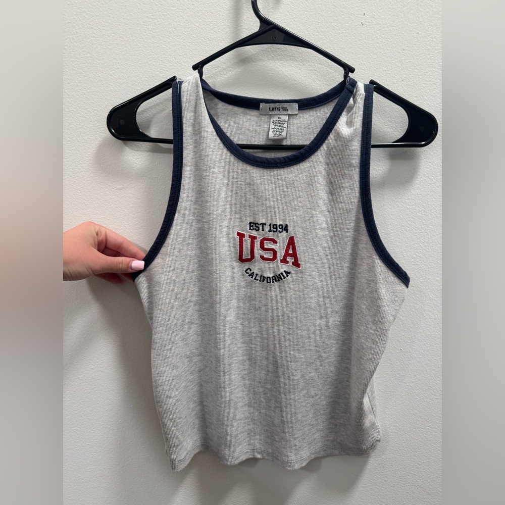 Gray Tank Top with Navy Trim and Red USA Logo